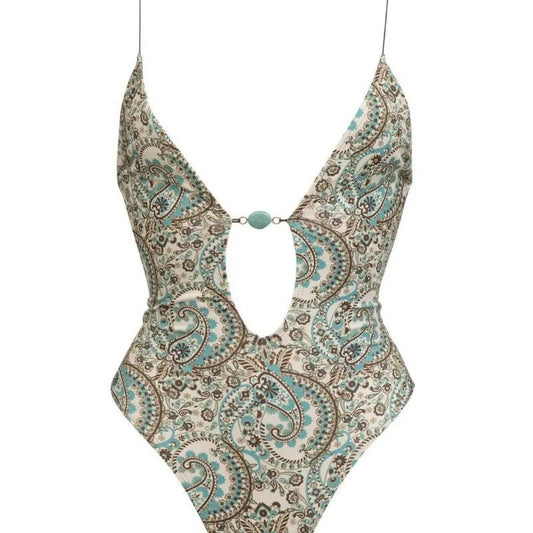 European and American New Sexy Deep V One-piece Swimsuit with Chest Pad Print Adjustable Suspenders Women's Backless Swimsuit - Chrissy's Eye