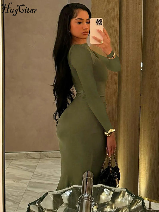 Hugcitar Autumn Solid Long Sleeve Draped Sexy Bodycon Maxi Prom Dress Women Fashion Y2K Outfits Evening Party Festival Club - Chrissy's Eye