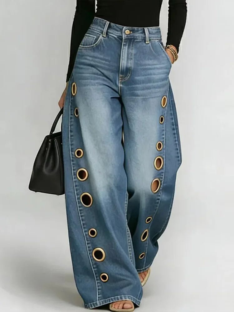 DFCF Vintage Jeans Women Fashion Casual Streetwear Jeans Y2k Loose Pockets Hollow Out Wide Leg Pants 2026 New All Season Jeans - Chrissy's Eye