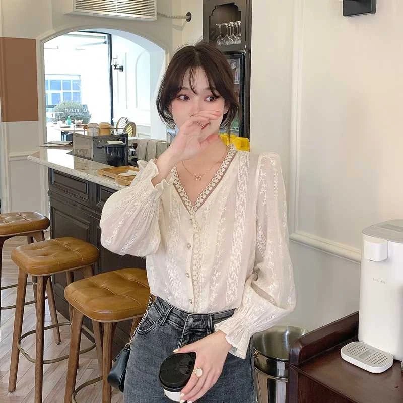 Ele Women's Long Sve Lace irt V-Ne Design Korean Sle Commute Cotton Blend Fabric Pure Color Straight Cut - Chrissy's Eye