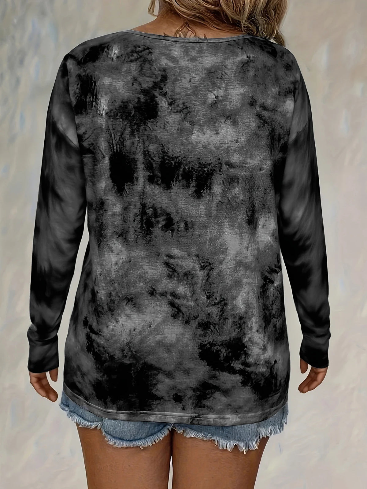 plus size women's tie dye printed long sleeved T-shirt made of polyester knitted fabric elegant lace up casual and comfortable - Chrissy's Eye