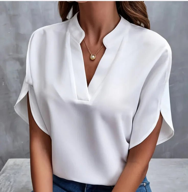 Summer Elegant Women's Blouse New V-neck Short Sleeve Solid Color Loose Shirt Casual White Tops Office Lady Blouses - Chrissy's Eye