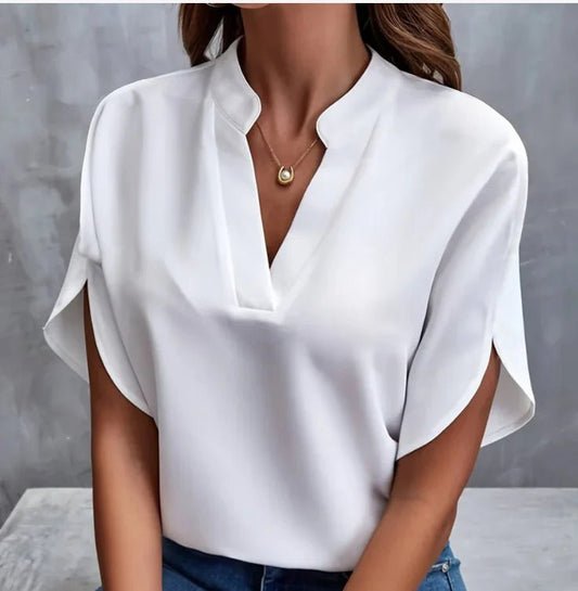 Summer Elegant Women's Blouse New V-neck Short Sleeve Solid Color Loose Shirt Casual White Tops Office Lady Blouses - Chrissy's Eye