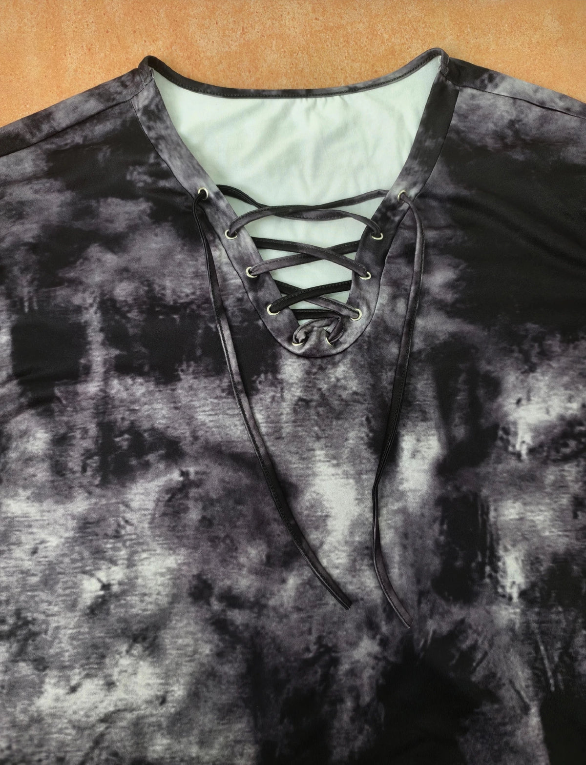 plus size women's tie dye printed long sleeved T-shirt made of polyester knitted fabric elegant lace up casual and comfortable - Chrissy's Eye