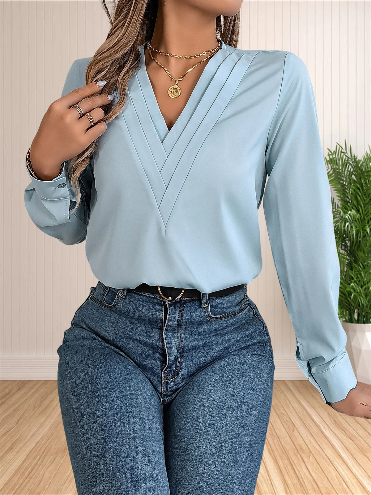 Women's Elegant Business Office Blouse Layered V Neck Long Sleeve Dressy Shirts Work Tops - Chrissy's Eye