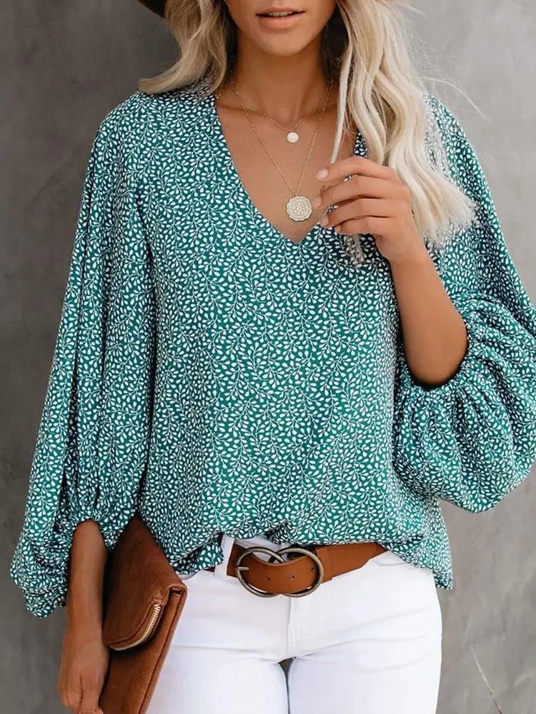 2023 New European and American Cross Boder Spring/Summer/Autumn V-neck Casual Shirt Printed Lantern Sleeve Top Women's W - Chrissy's Eye