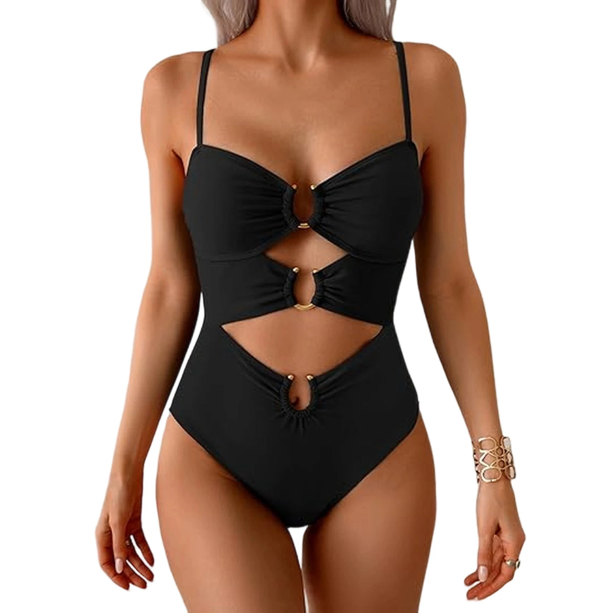 Sexy Cutout Swimsuit Solid Color Summer Spaghetti Strap Color Block Ring Detail One Piece Beach High Cut Bathing Suit - Chrissy's Eye