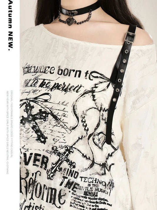 Y2k Long sleeve T shirt Women Off shoulder Oversize Tops Female Spring Autumn Vintage Holes Basic Tees Streetwear Chic - Chrissy's Eye