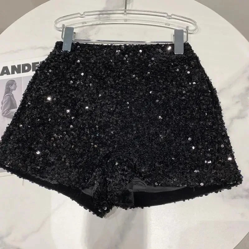 New Autumn Black Velvet Shorts Women Sequined Shiny Versatile Short Pants Clubwear Shorts Hot Pants High Street - Chrissy's Eye