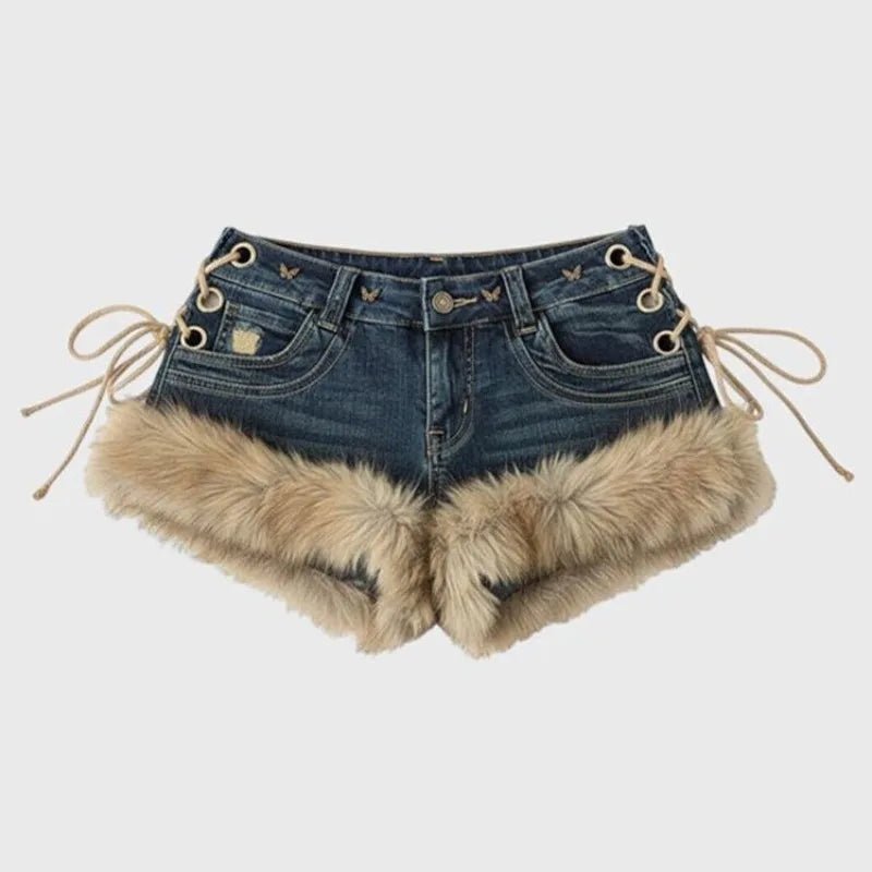 Winter New Women's Retro Design Fluffy Splicing Jeans Shorts Y2k Low-rise Strap Slim Hot Pants - Chrissy's Eye