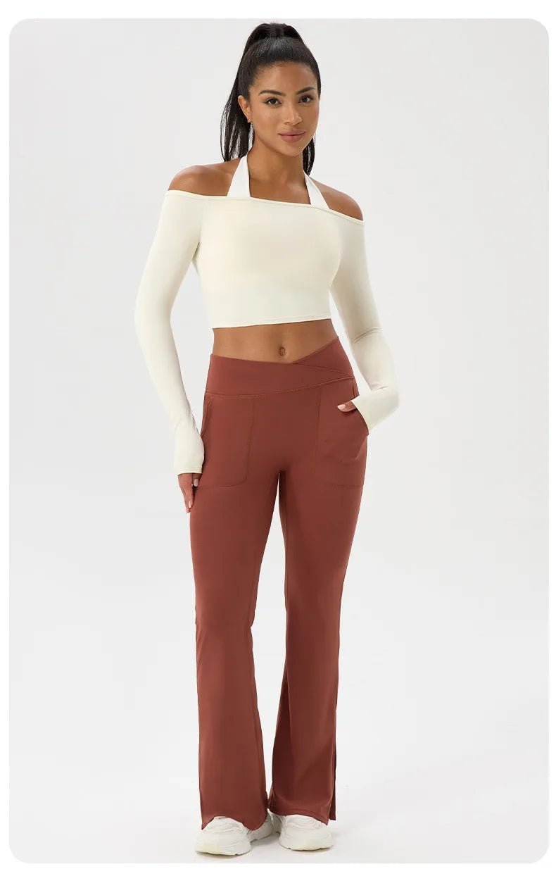Women Sexy Off Shoulder Yoga Top Long Sleeve Gym Running Top Solid Quick-Dry Sport Workout Shirt - Chrissy's Eye