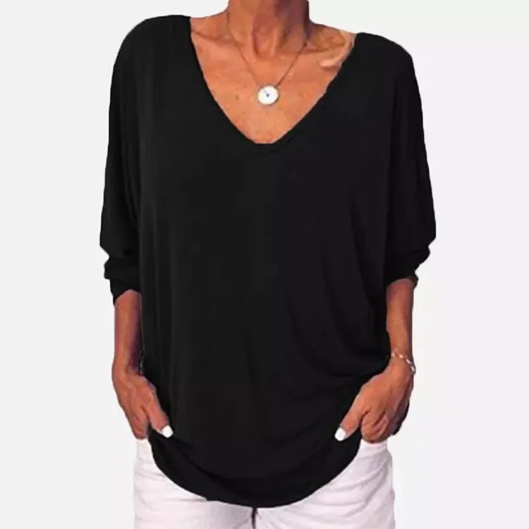 Plus Size Loose Women's Shirt V-Neck Overhead Three-Quarter Sleeve Casual Female Top Button Decoration Padded Shoulder - Chrissy's Eye