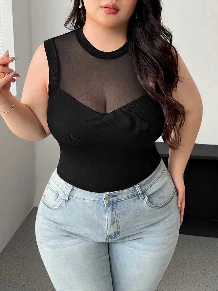 Plus Size Women's 2025 Summer New Sleeveless Round Neck Mesh See Through Sexy Mesh Splicing Black Blouse T Shirt Polyester - Chrissy's Eye
