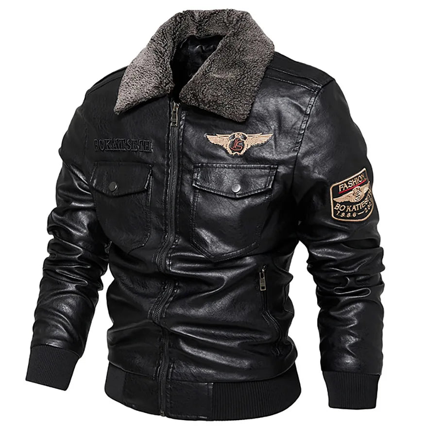 Men's Fleece Fur Collar Windbreaker Coat, Pu Jacket, Thick Warm Cashmere Military Bomber - Chrissy's Eye