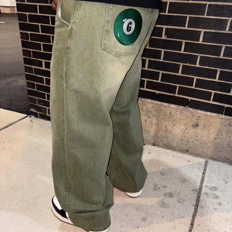 Y2K Street Matcha Denim Jeans Pocket Green 6 Ball Embroidery Denim Pants London High Street Trend Streetwear Unisex Baggy Jeans - Chrissy's Eye