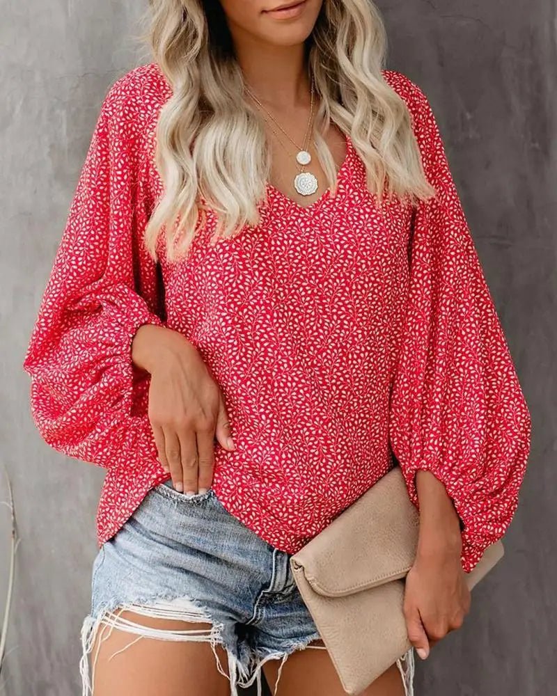 2023 New European and American Cross Boder Spring/Summer/Autumn V-neck Casual Shirt Printed Lantern Sleeve Top Women's W - Chrissy's Eye