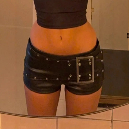 Sexy Rivet Buckle Belt Low Waist Leather Shorts for Women Y2k Spice Girl Punk Style Shorts Autumn New 2025 - Chrissy's Eye