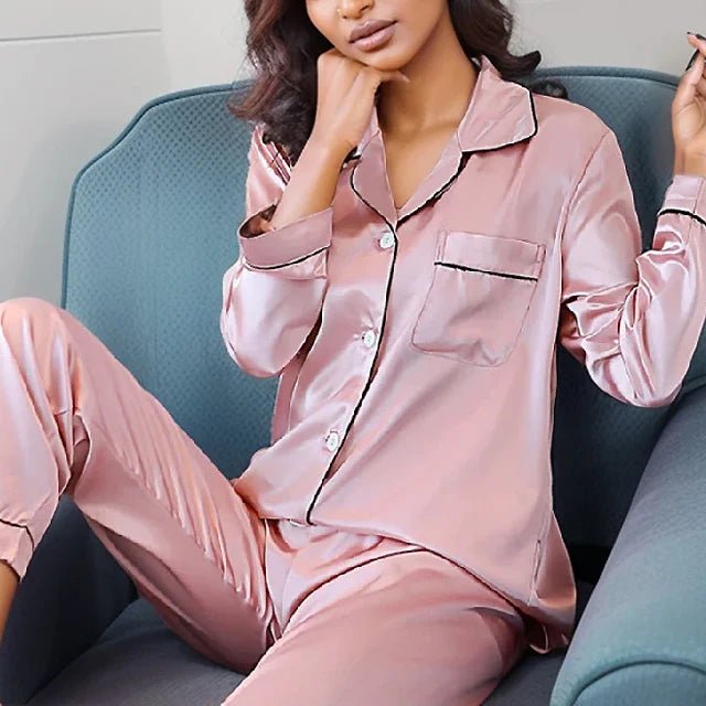 Plus Size Fall and Winter Silk Satin Women Pajamas Set Button down Top & Trousers 2 PCS Set Sleepwear Solid Nightwear Loungewear - Chrissy's Eye