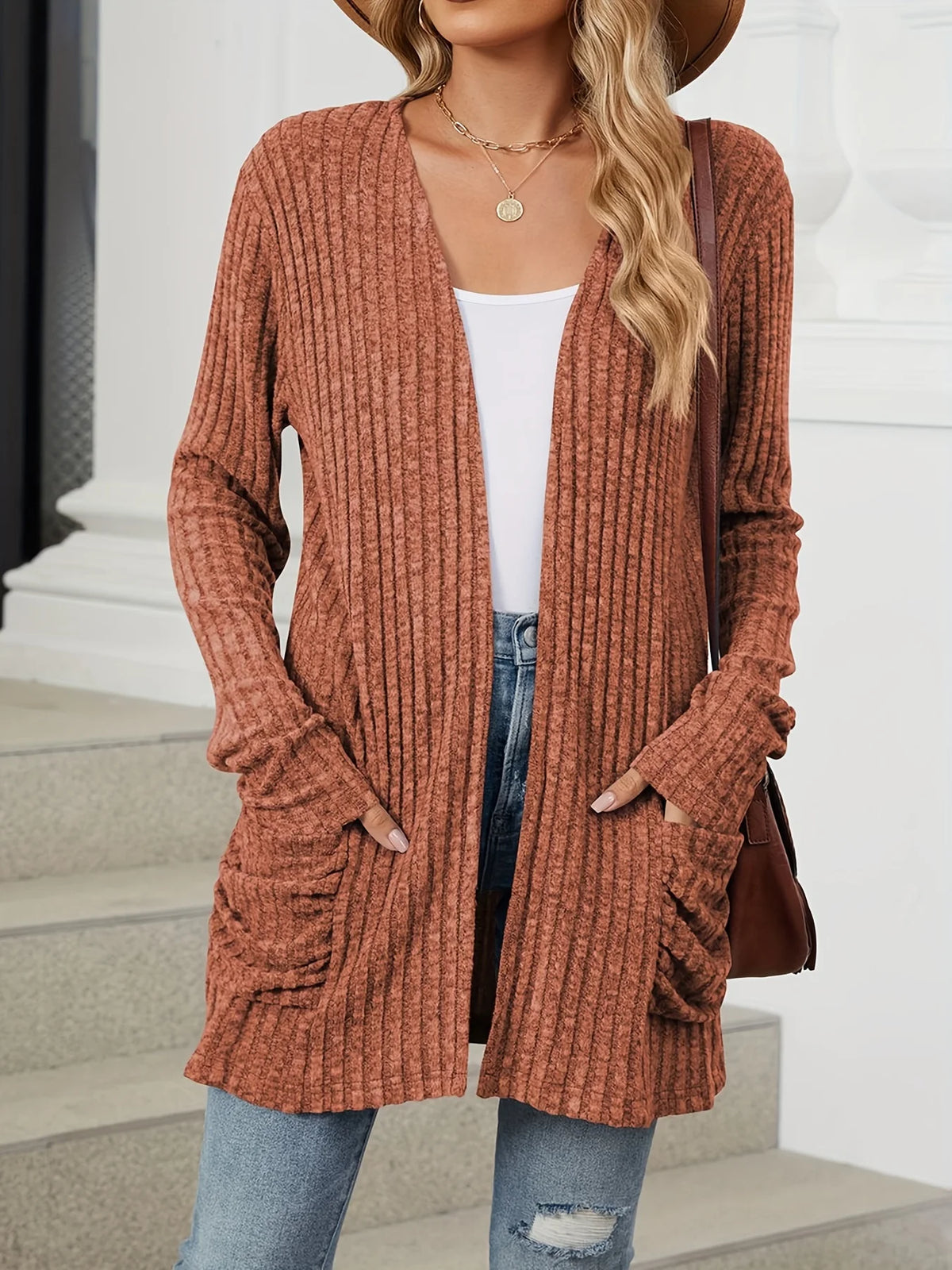 Plus Size Open Front Cardigan Casual Dual Pockets Long Sleeve Cardigan For Fall Women's Plus Size Clothing - Chrissy's Eye