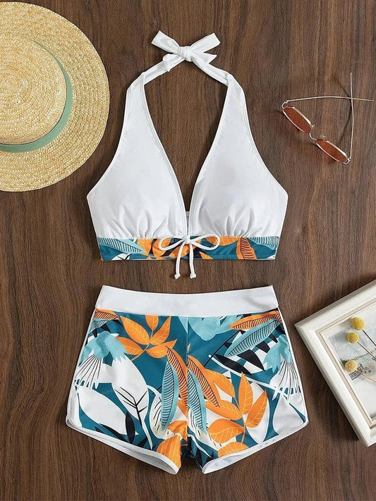 Halter Bikini Set Short Swimsuit Women High Waist Swimwear Female Printed Bathers Swimming Bathing Swim Suit Beachwear - Chrissy's Eye