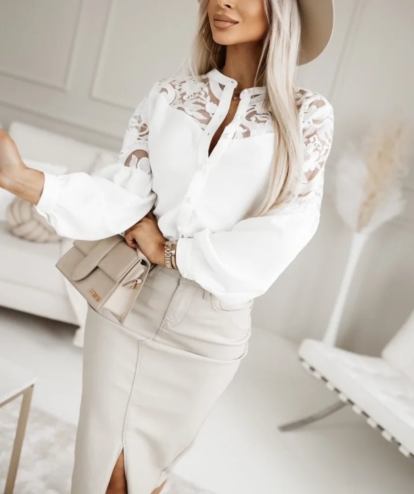 Women Chicturn Down Neck Lace Patch Beading Long Lantern Sleeves Button Casual Blouses Tops - Chrissy's Eye