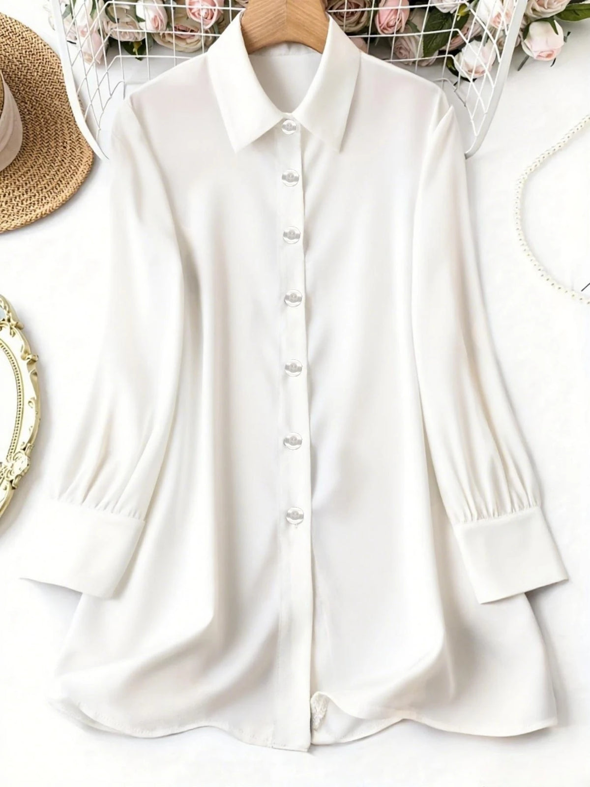 French High-End Style Plus-Size Casual Shirt | Loose Laid-Back, Silk-Like Lapel Long-Sleeve Blouse - Chrissy's Eye