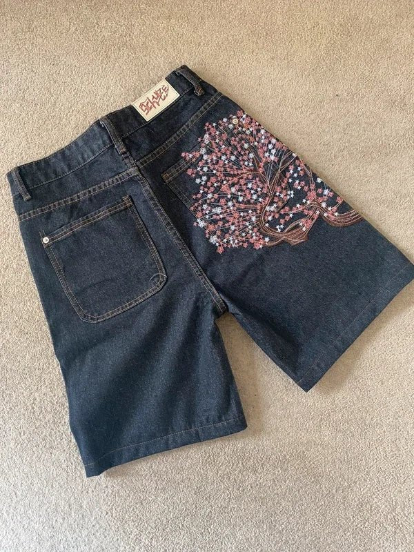 Men Dark Wash Denim Shorts Back Pocket Cherry Blossom Embroidered Loose Fit Knee Length Vintage Streetwear Casual Summer Wear - Chrissy's Eye