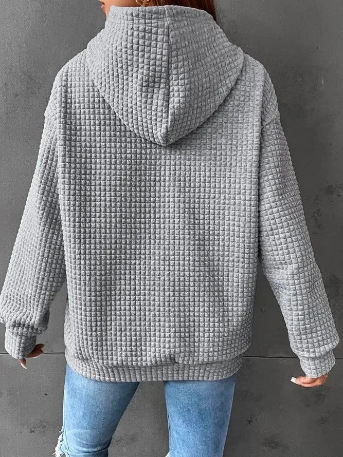 Women's hooded sweatshirt spring and autumn style waffle fashion beautiful solid color hooded drawstring loose sweatshirt - Chrissy's Eye
