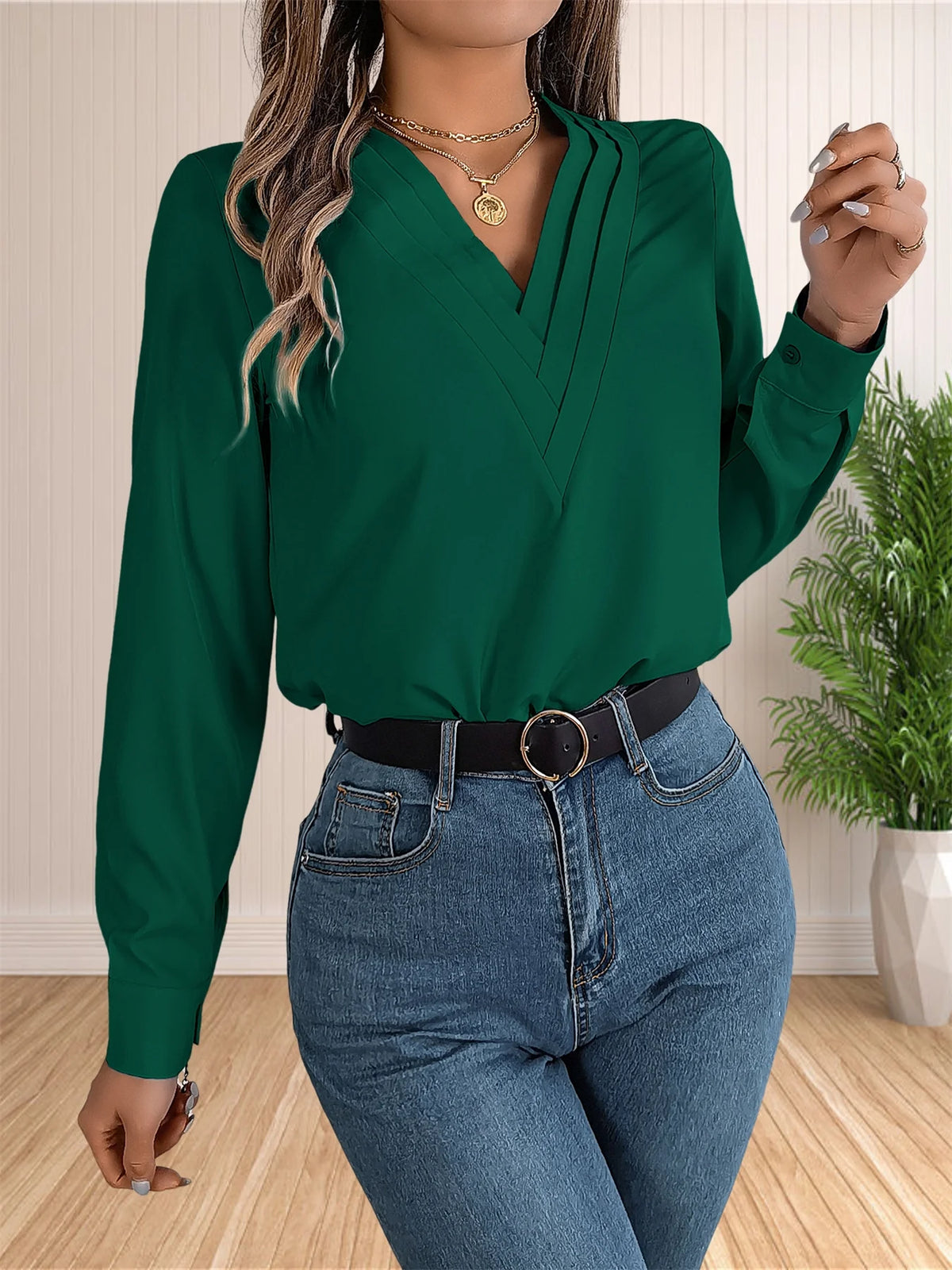 Women's Elegant Business Office Blouse Layered V Neck Long Sleeve Dressy Shirts Work Tops - Chrissy's Eye