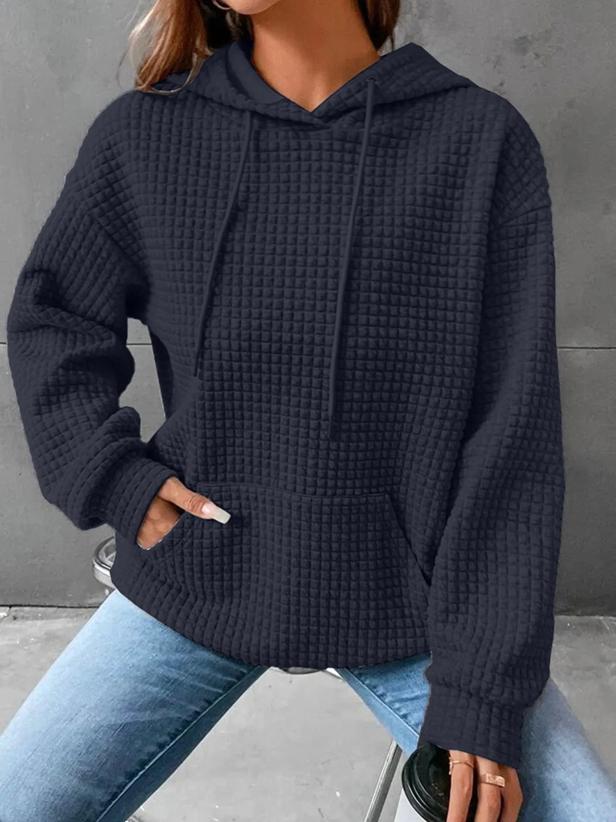 Women's hooded sweatshirt spring and autumn style waffle fashion beautiful solid color hooded drawstring loose sweatshirt - Chrissy's Eye