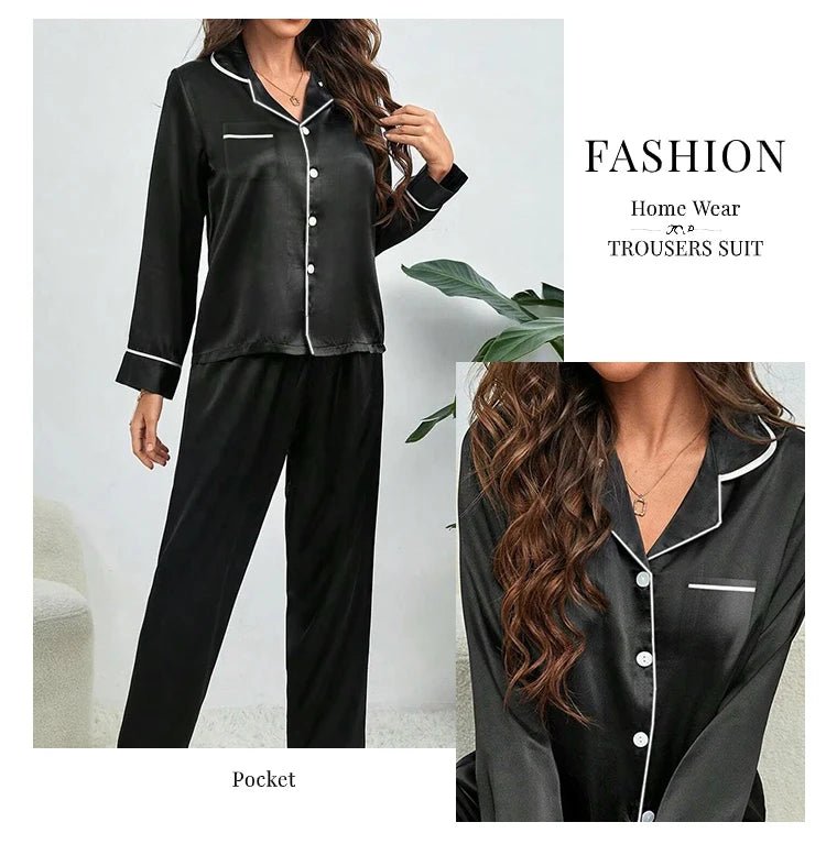 Plus Size Fall and Winter Silk Satin Women Pajamas Set Button down Top & Trousers 2 PCS Set Sleepwear Solid Nightwear Loungewear - Chrissy's Eye