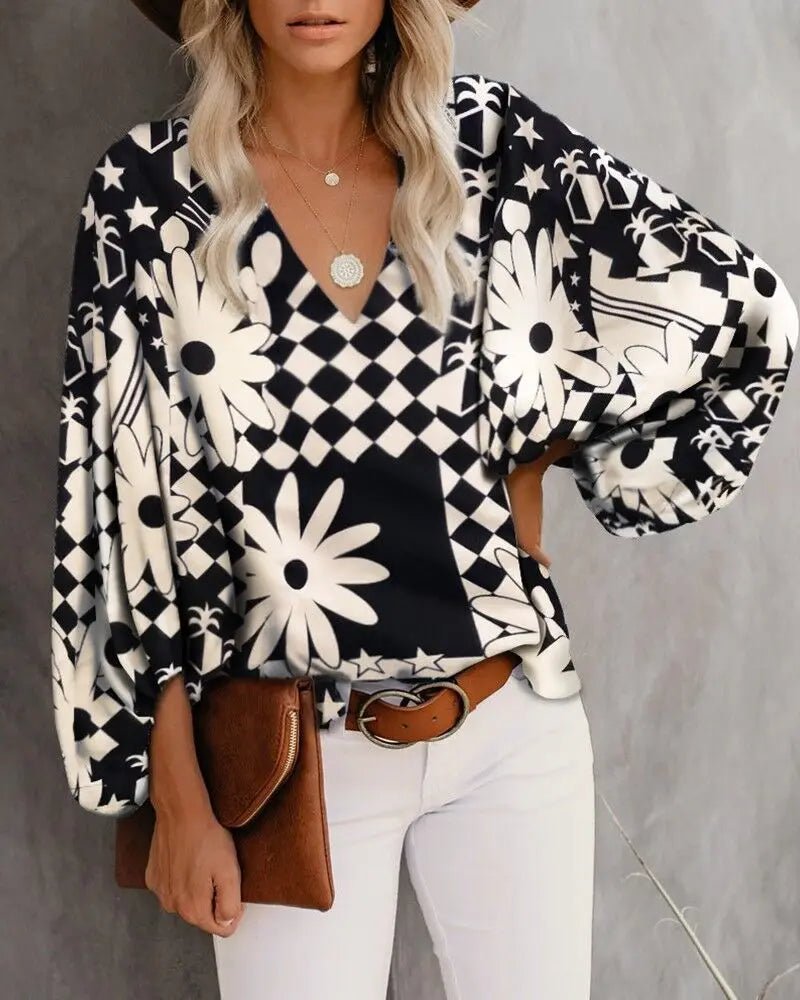 2023 New European and American Cross Boder Spring/Summer/Autumn V-neck Casual Shirt Printed Lantern Sleeve Top Women's W - Chrissy's Eye