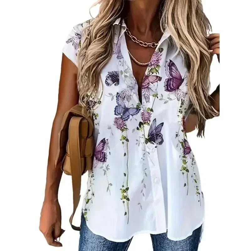 Plus Size 1XL-5XL Women Casual Short Sleeve Buttons Blouse Versatile Butterfly Print Blouse - Chrissy's Eye