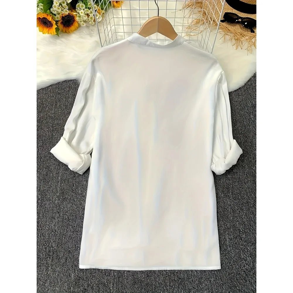 Plus Size 1XL-5XL Rollable Sleeve Solid Blouse Casual V Neck Button Front Blouse Ladies Casual Long Sleeves Blouse Shirt Top - Chrissy's Eye