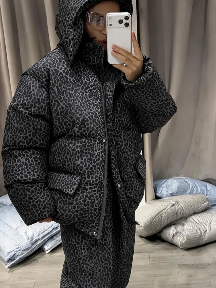 Fashion Leopard Print Women's Cotton Coat Trouser Suits Hooded Zippers Thicken Lady Set 2026 Autumn Winter Female Outfits New - Chrissy's Eye