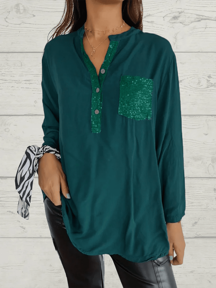 Autumn Sparkling Pocket Button Shirt Office Women's V-Neck Long Sleeved Blouse Casual Every Day Top Clothes - Chrissy's Eye