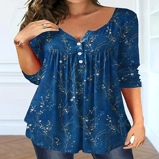 Plus Size Women's Spring and Autumn Long Sleeve Random Plant Print Button T-Shirt - Chrissy's Eye
