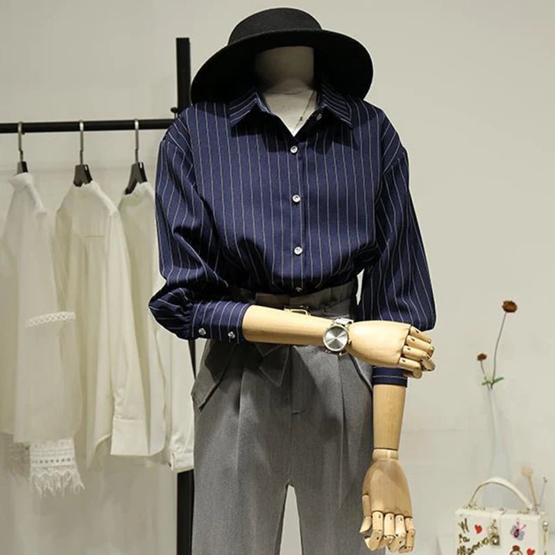 Retro Striped Women's Shirt, Office Long Sleeve Casual Blouse, Button-down Turn Down Collar blouse - Chrissy's Eye