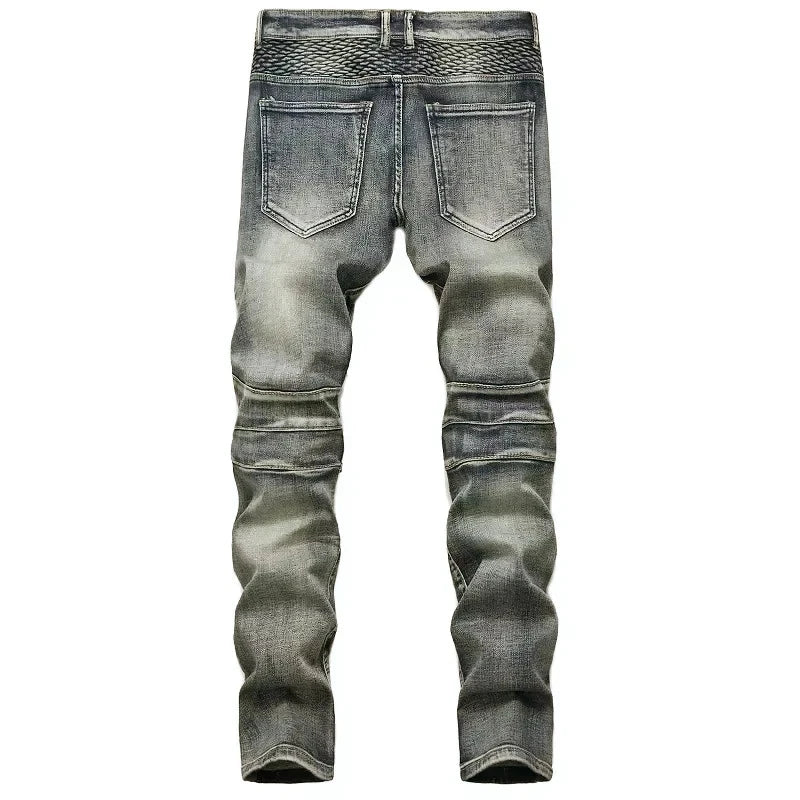 Men's New Casual Motorcycle Jeans Hip Hop Street Riding Stretch Slim Fit Straight Pants Patchwork Fashion Denim Trousers Male - Chrissy's Eye