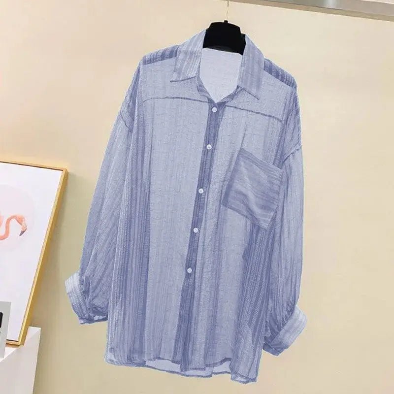 Summer Sunscreen Shirt Elegant Perspective Thin Chiffon Blouse Korean Harajuku See Through Loose Top Casual Women's Cardigan - Chrissy's Eye