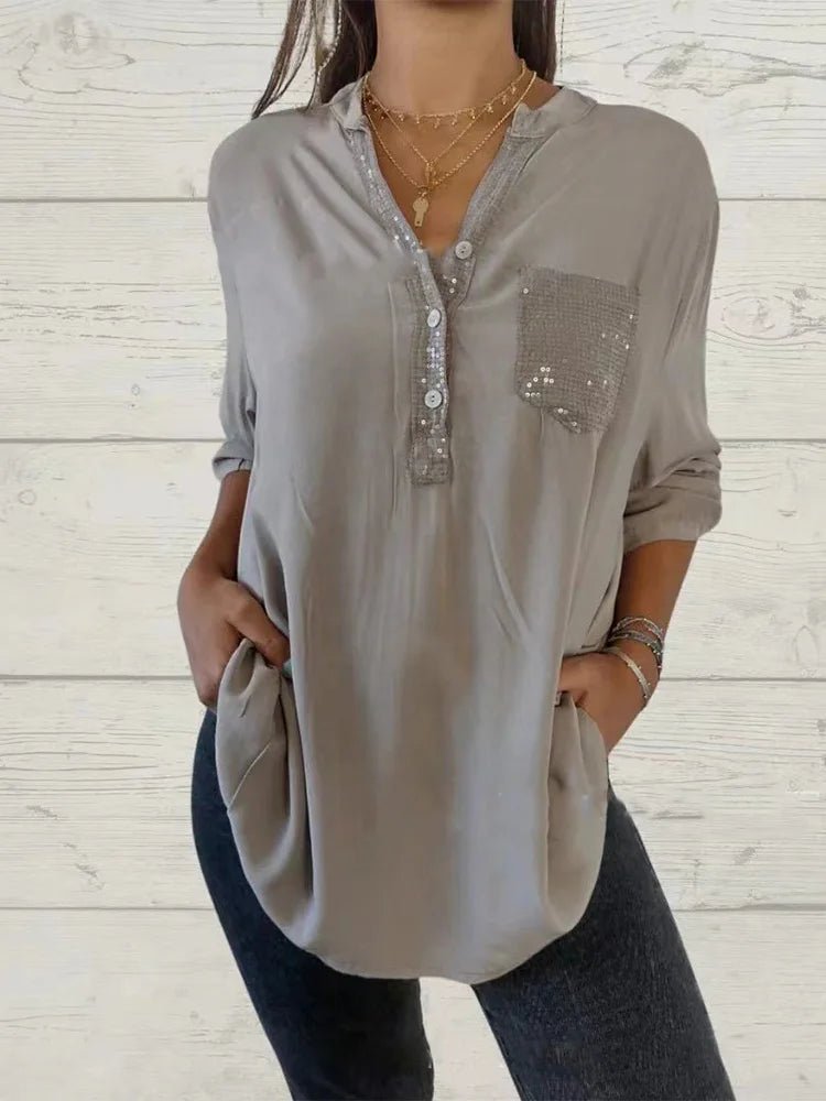 Autumn Sparkling Pocket Button Shirt Office Women's V-Neck Long Sleeved Blouse Casual Every Day Top Clothes - Chrissy's Eye