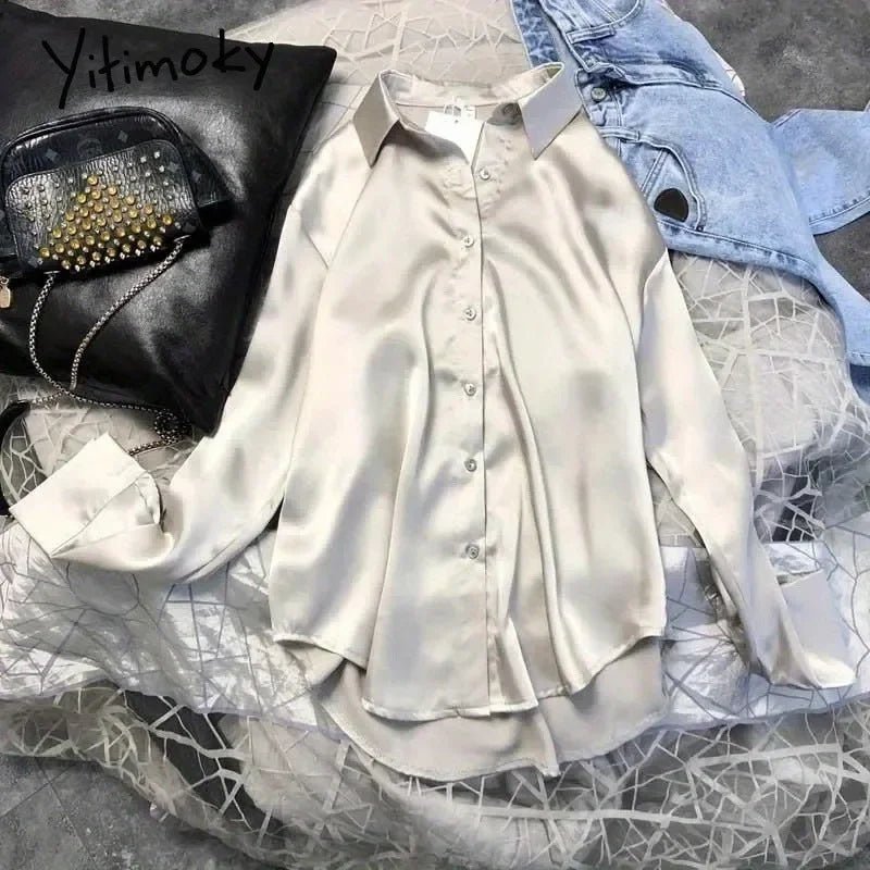 Plus Size Casual Women Silk Shirt 2025 New Fashion Loose Long Sleeve Button-Down Blouse Female Elegant Top Office Acetate Shirts - Chrissy's Eye