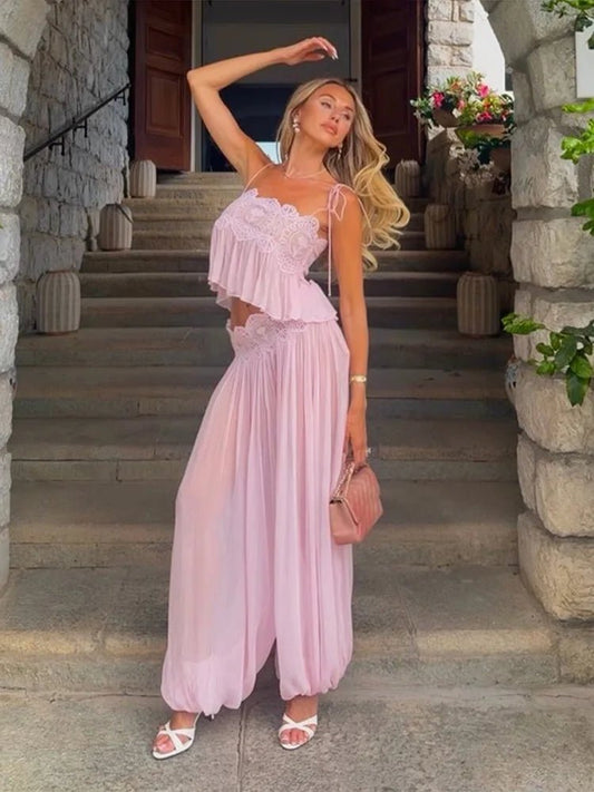 2026 Summer Fashion Square Neck Ruffled Crop Top & Long Pants 2-Piece Set Elegant Boho Resort Vacation Casual 2 Pcs Beach Outfit - Chrissy's Eye