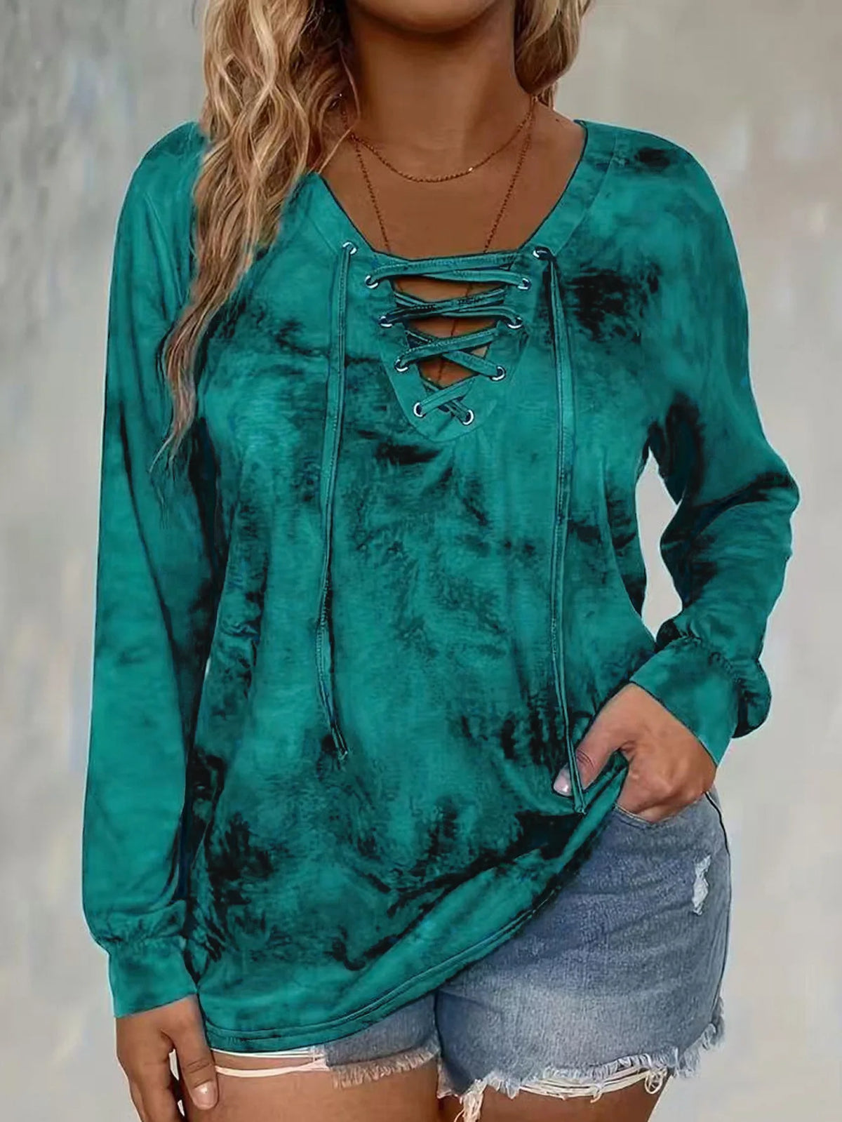 plus size women's tie dye printed long sleeved T-shirt made of polyester knitted fabric elegant lace up casual and comfortable - Chrissy's Eye