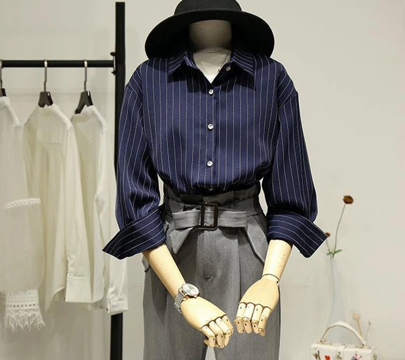 Retro Striped Women's Shirt, Office Long Sleeve Casual Blouse, Button-down Turn Down Collar blouse - Chrissy's Eye