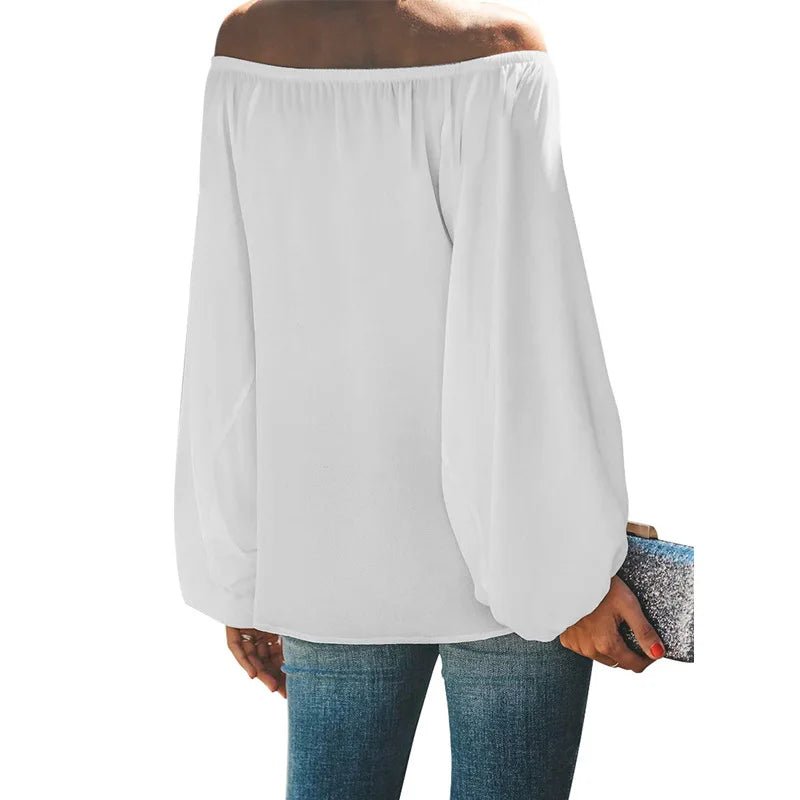2024 off-shoulder tops for women autumn new one-shoulder solid color lantern sleeves loose long-sleeved T-shirt - Chrissy's Eye