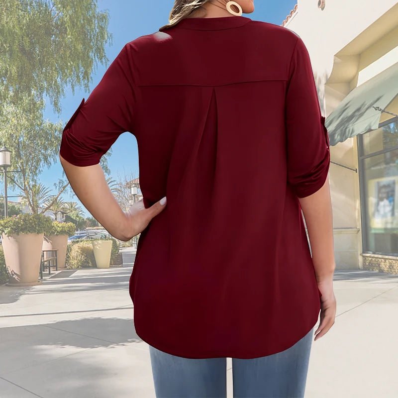 2025 New Women's Plus Size Summer Casual V-Neck Button-Front Blouse - Elegant Loose Fit Short Sleeve Machine Washable Solid - Chrissy's Eye