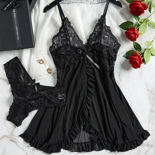 2-Piece Plus Size Triangle Panty Set Women's Night Dress Sensual Female Lingerie Curve Nightdress Transparent Underwear Briefs - Chrissy's Eye