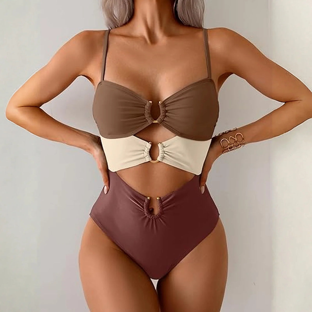 Sexy Cutout Swimsuit Solid Color Summer Spaghetti Strap Color Block Ring Detail One Piece Beach High Cut Bathing Suit - Chrissy's Eye