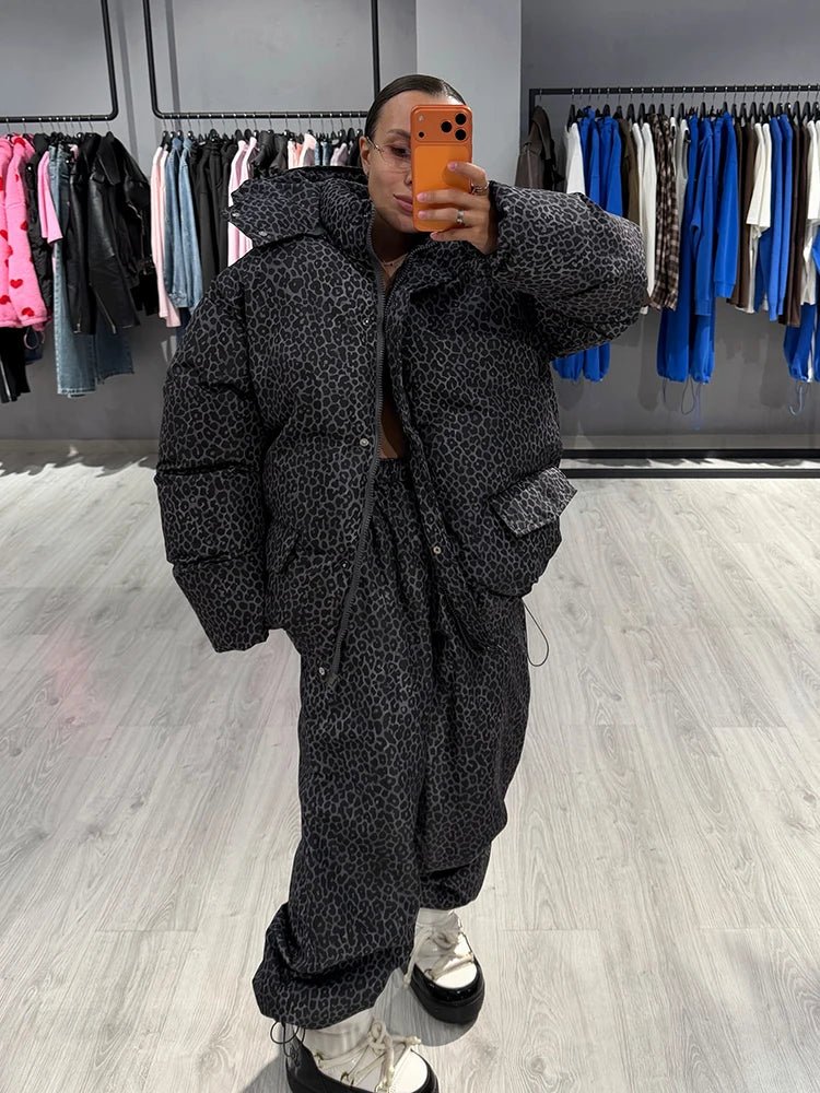 Fashion Leopard Print Women's Cotton Coat Trouser Suits Hooded Zippers Thicken Lady Set 2026 Autumn Winter Female Outfits New - Chrissy's Eye